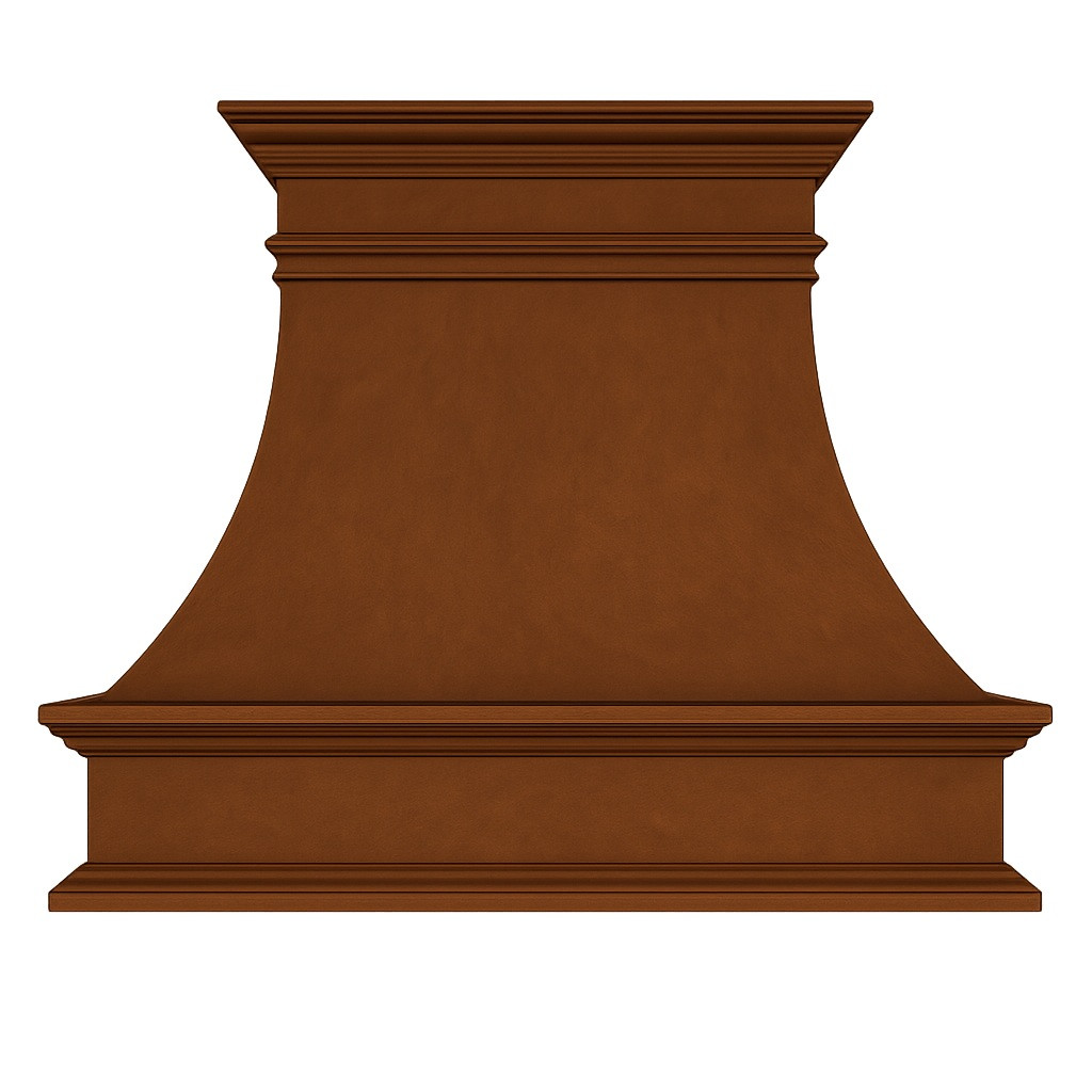 Front view of copper bell range hood with symmetrical curved canopy, architectural crown, and substantial lower apron