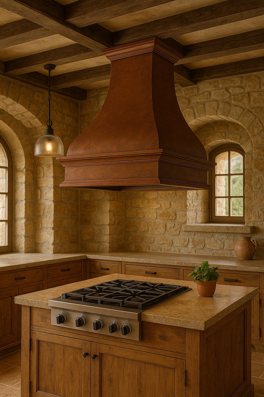 Copper bell range island hood in an Tuscan kitchen with handmade tile, and aged metal accents