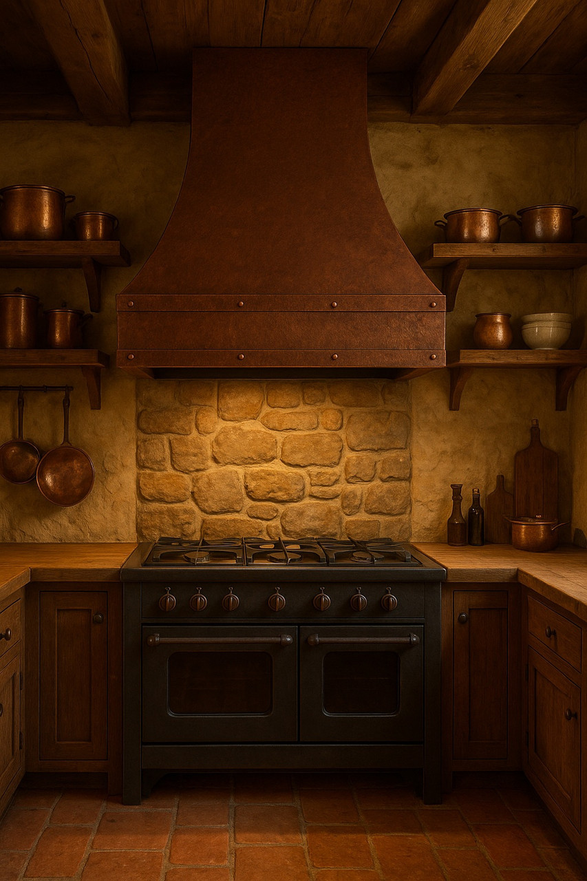 Handcrafted copper bell range hood in a rustic kitchen with reclaimed timber, natural stone, and textured plaster