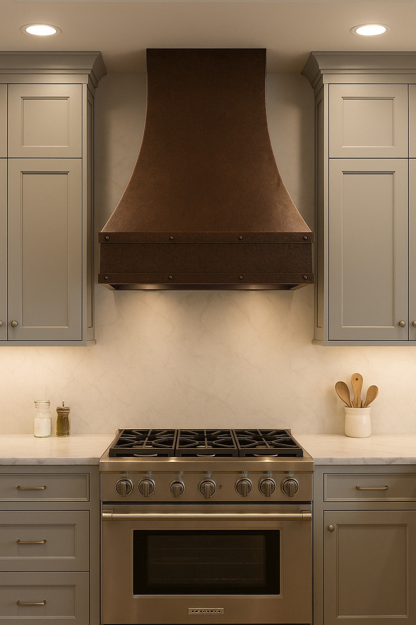 42 inch wall traditional copper oven hood in a transitional style design kitchen