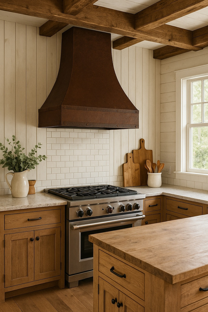 Copper bell range hood with riveted apron in a farmhouse kitchen with painted cabinetry, oak, and stone counters