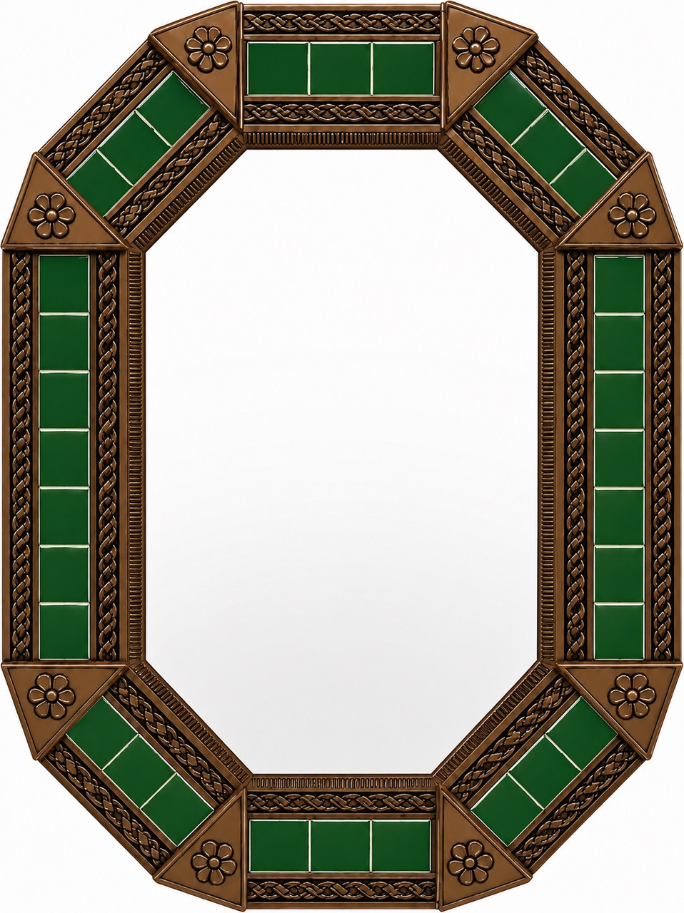 Octagonal tin mirror with green talavera tile accents light brown