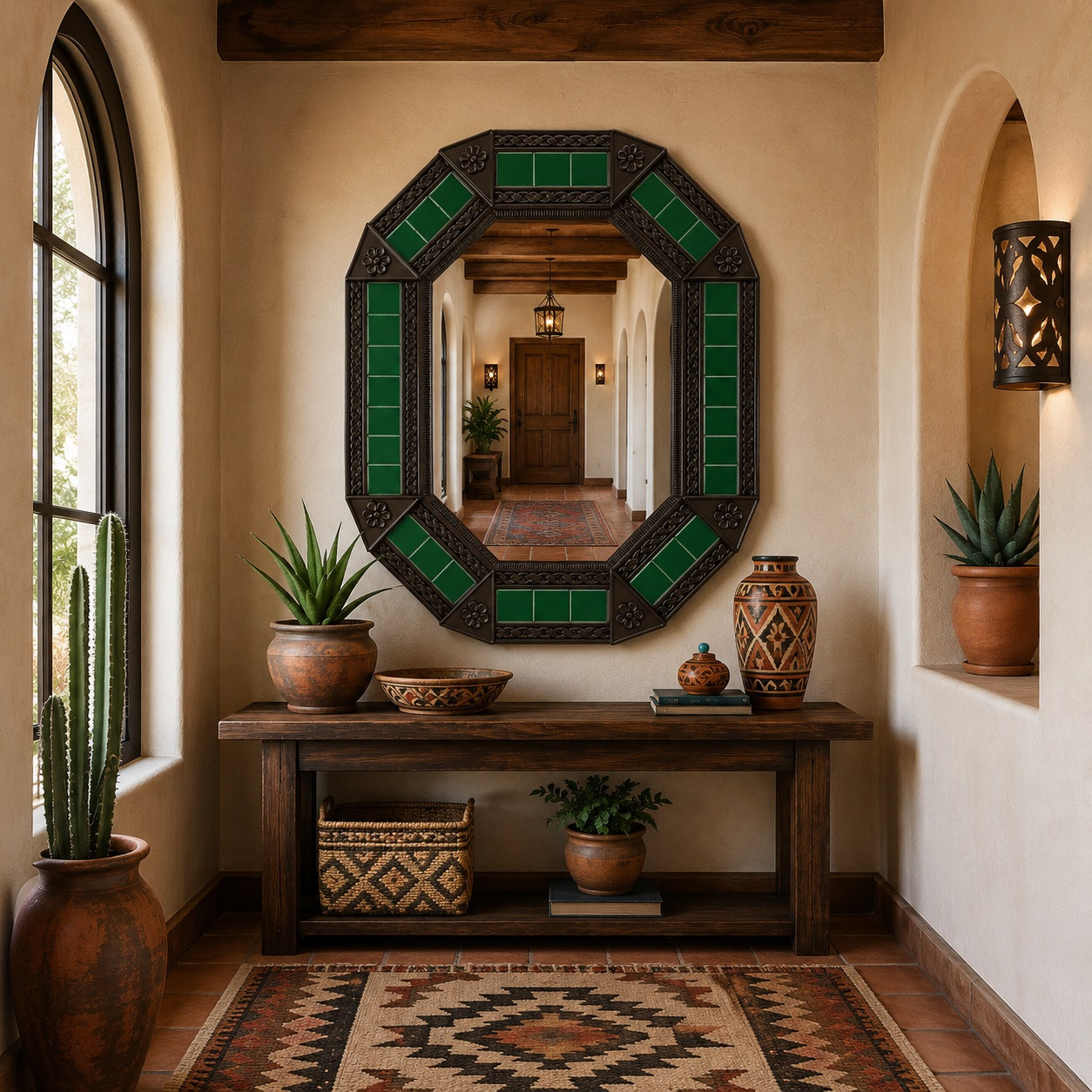 Octagonal tin mirror with green talavera tile accents in Southwestern hallway interior