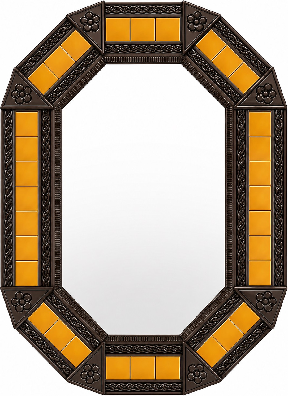 Octagonal tin mirror frame amber talavera tile accents dark brown