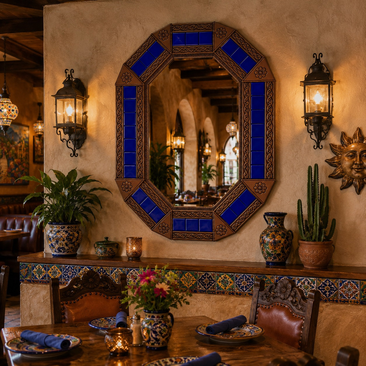 Decorating octagonal cobalt talavera tin mirror frame design inside a rustic Mexican restaurant