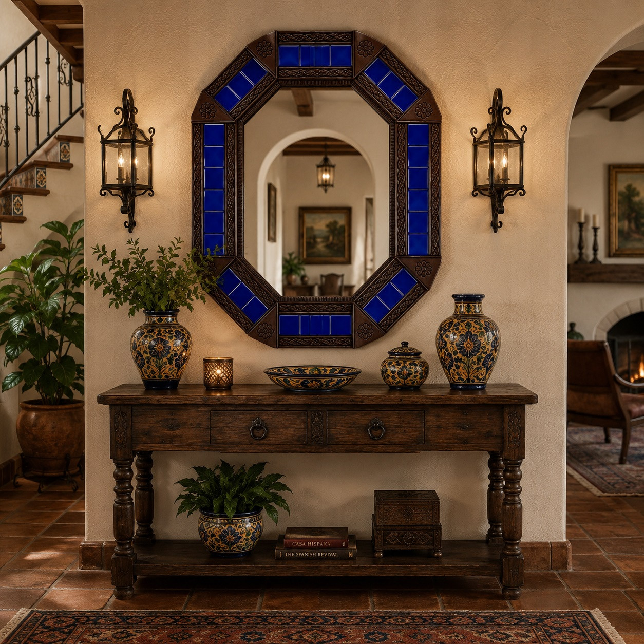 Decorating octagonal cobalt talavera tin mirror frame design above a Spanish Revival console