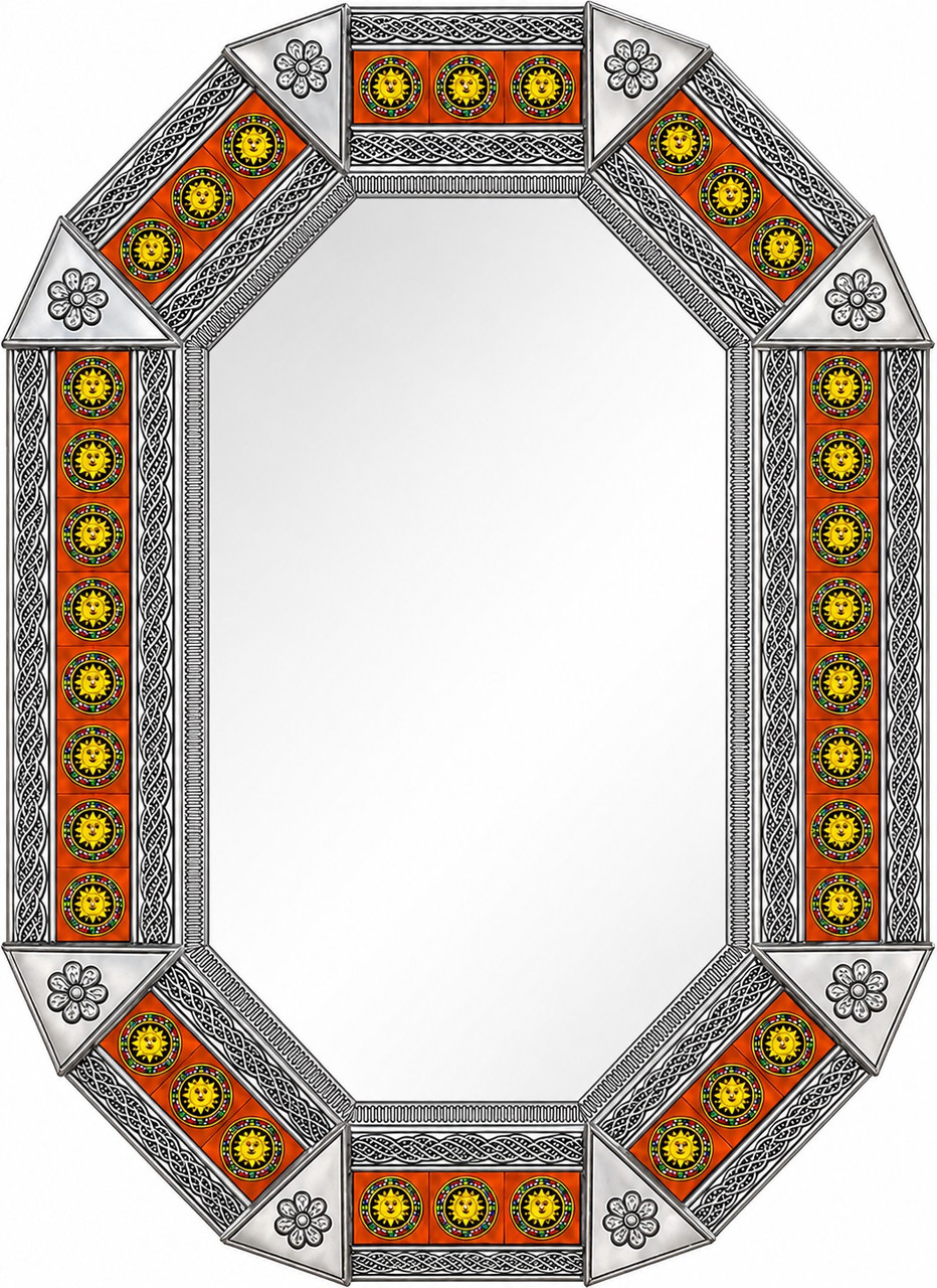 Octagonal tin mirror frame with talavera sun tile accents