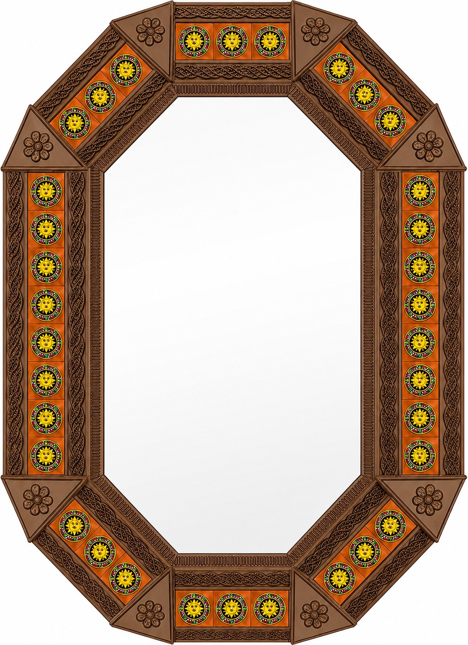Octagonal tin mirror frame with talavera sun tile accents light brown