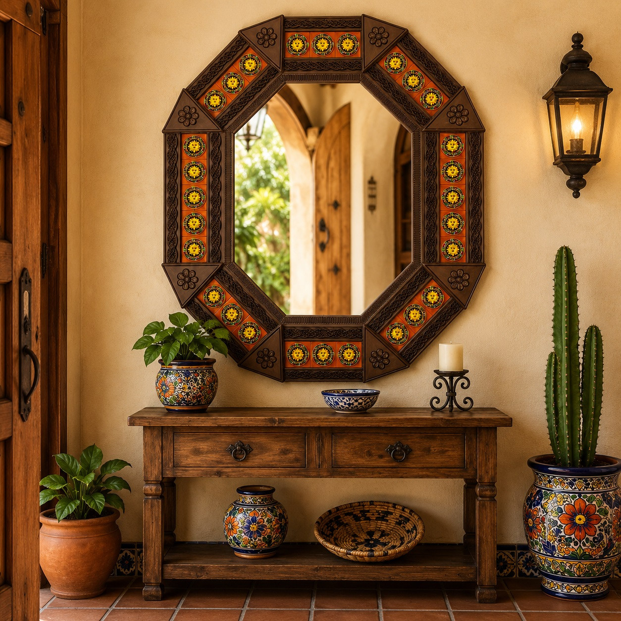 Handmade octagonal tin mirror with colorful talavera tiles in a Mexican entryway