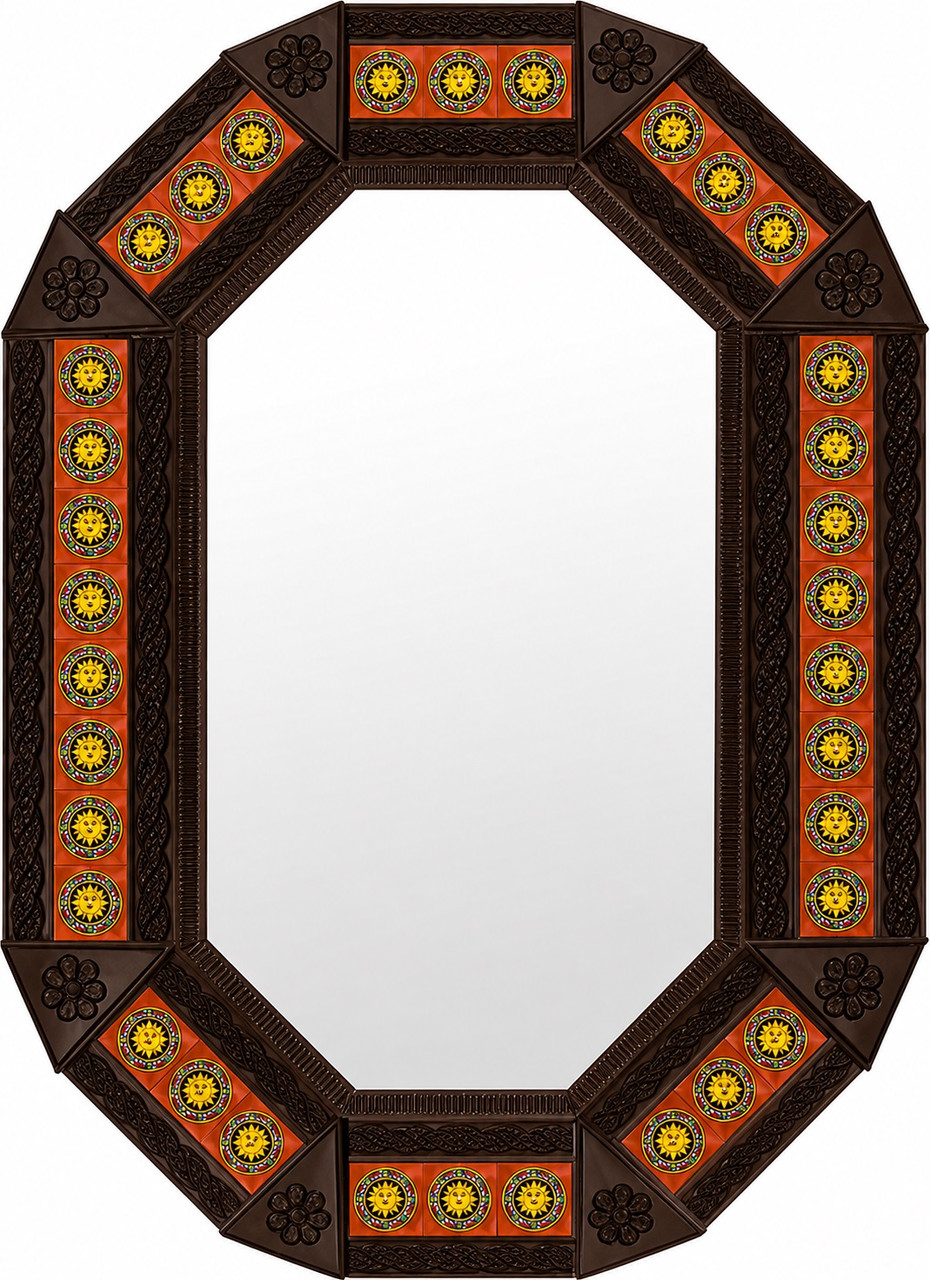 Octagonal tin mirror frame with talavera sun tile accents dark brown