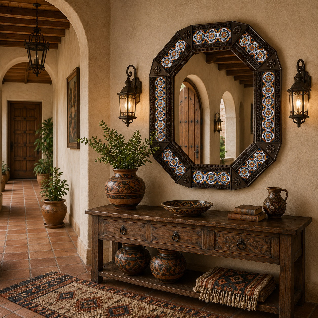 Tin talavera octagonal decorative hacienda mirror frame in hacienda style hallway interior