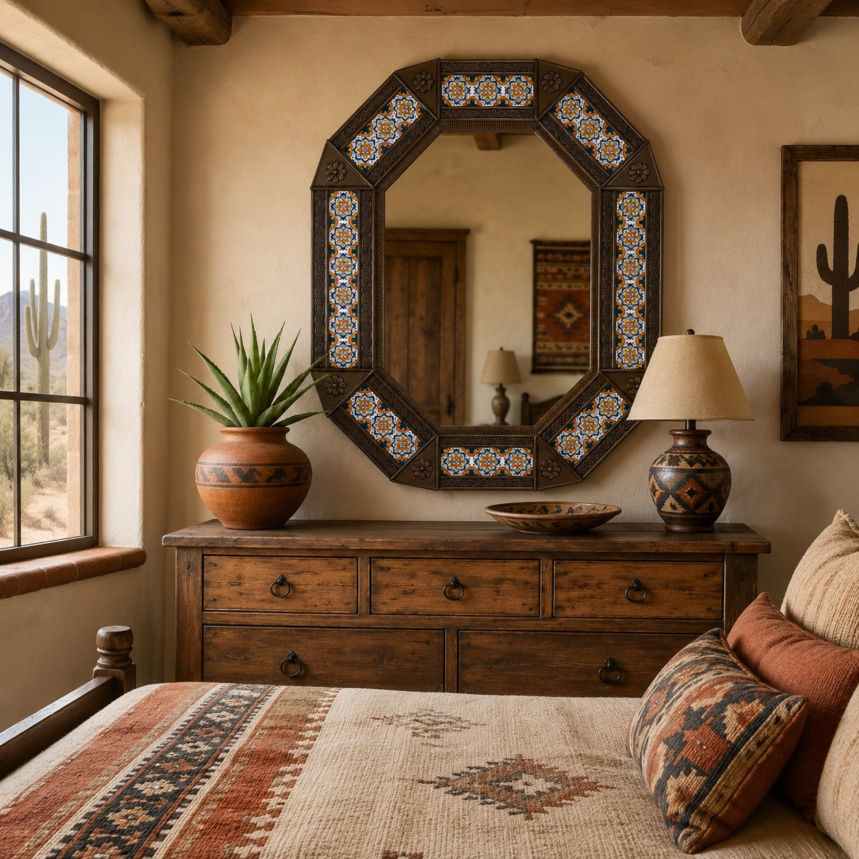 Tin talavera octagonal decorative hacienda mirror frame decorating Southwestern bedroom wall space