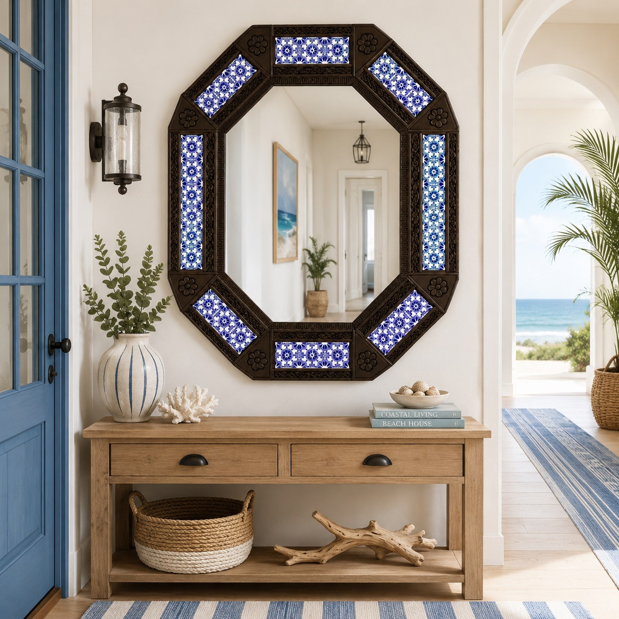 Decorating octagonal blue talavera tile tin mirror frame design in coastal style hallway