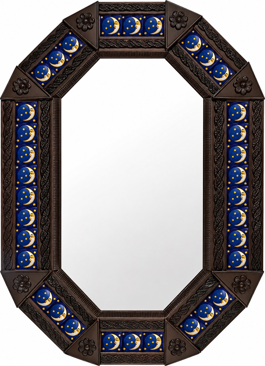 Octagonal decorative tin mirror with moon talavera tile frame dark brown