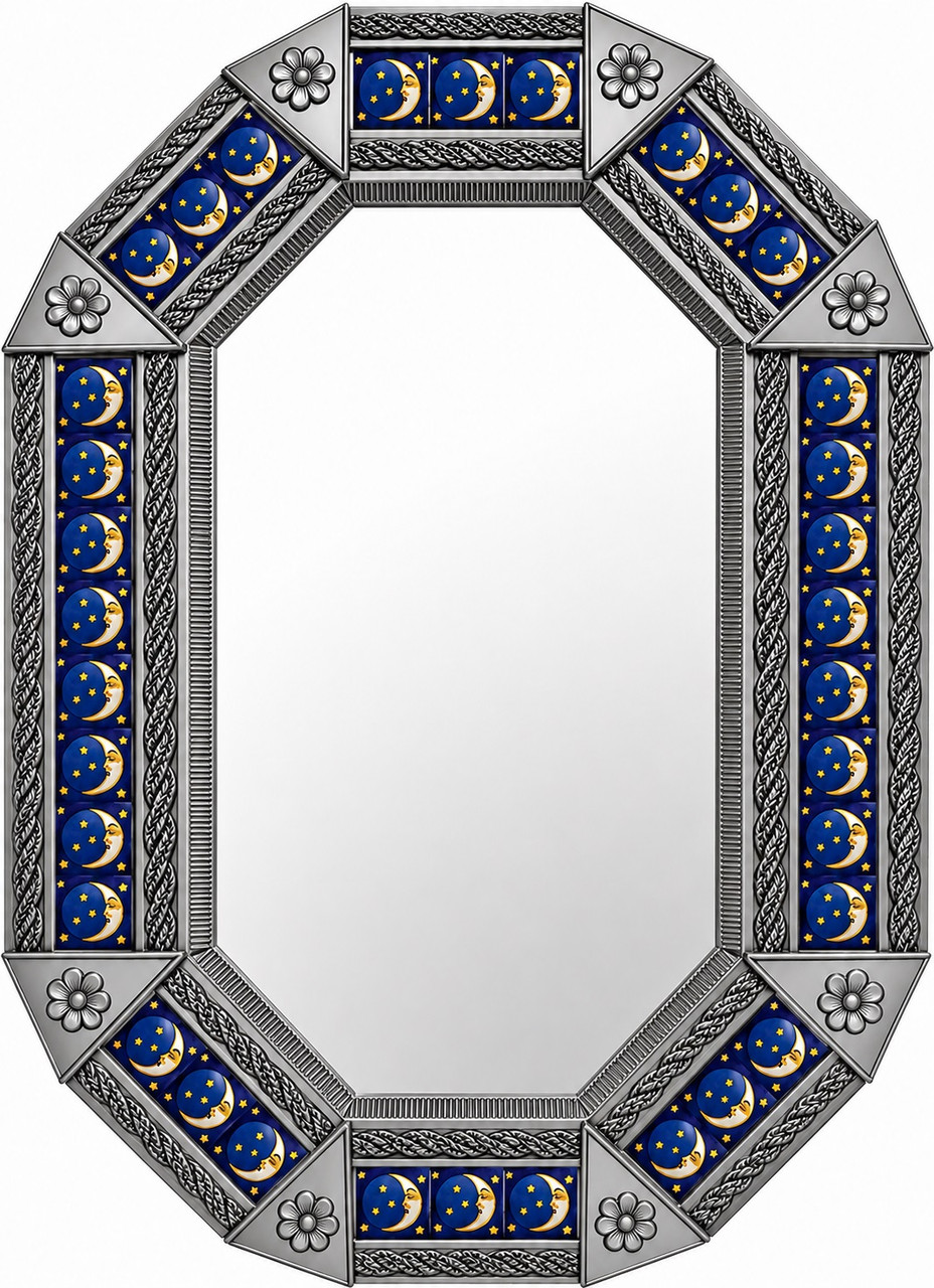 Octagonal decorative tin mirror with moon talavera tile frame