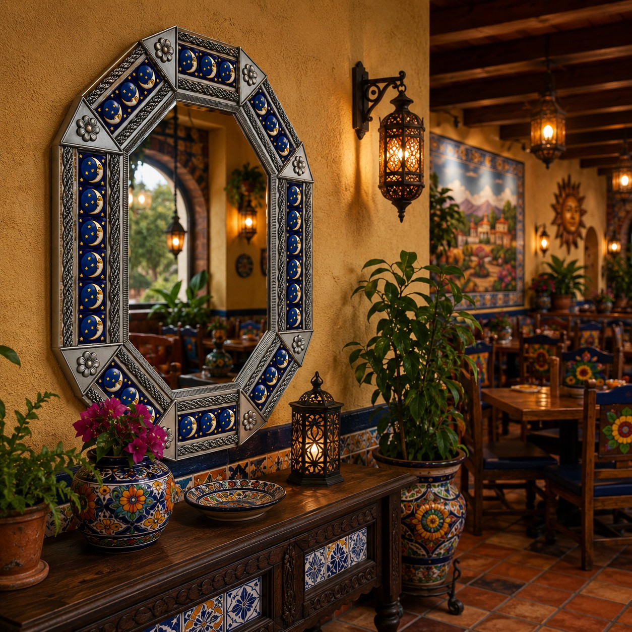 Octagonal decorative tin mirror with moon talavera tile frame enhancing a restaurant interior with traditional Mexican character