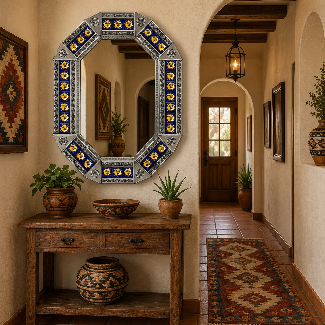 Handcrafted tin mirror with colorful sun tiles featured in a Mexican inspired hallway