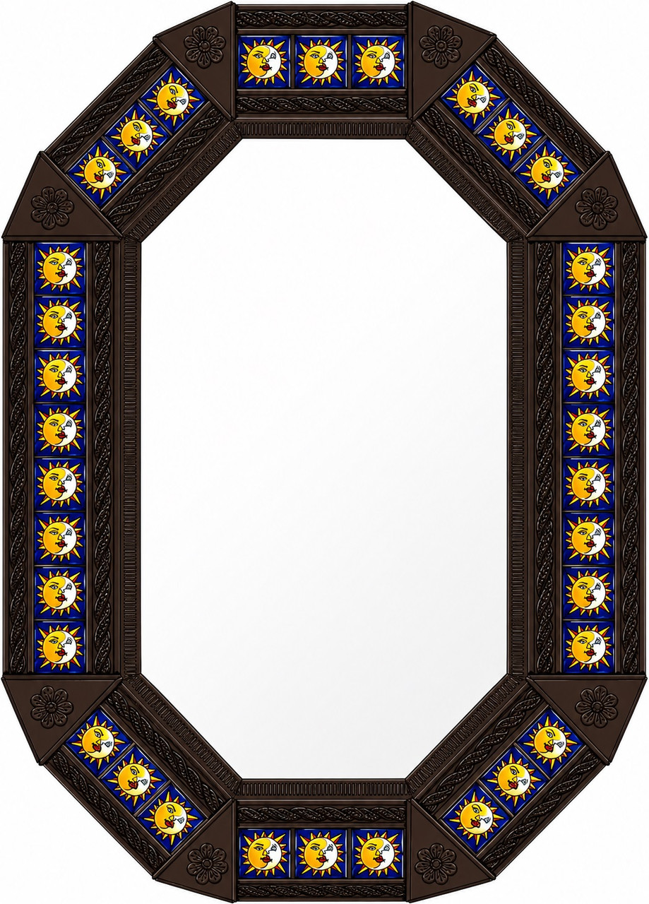 Octagonal decorative tin mirror with sun and moon talavera tiles dark brown