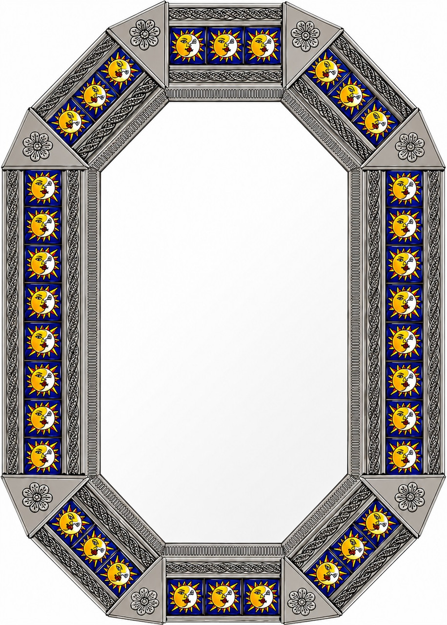 Octagonal decorative tin mirror with sun and moon talavera tiles
