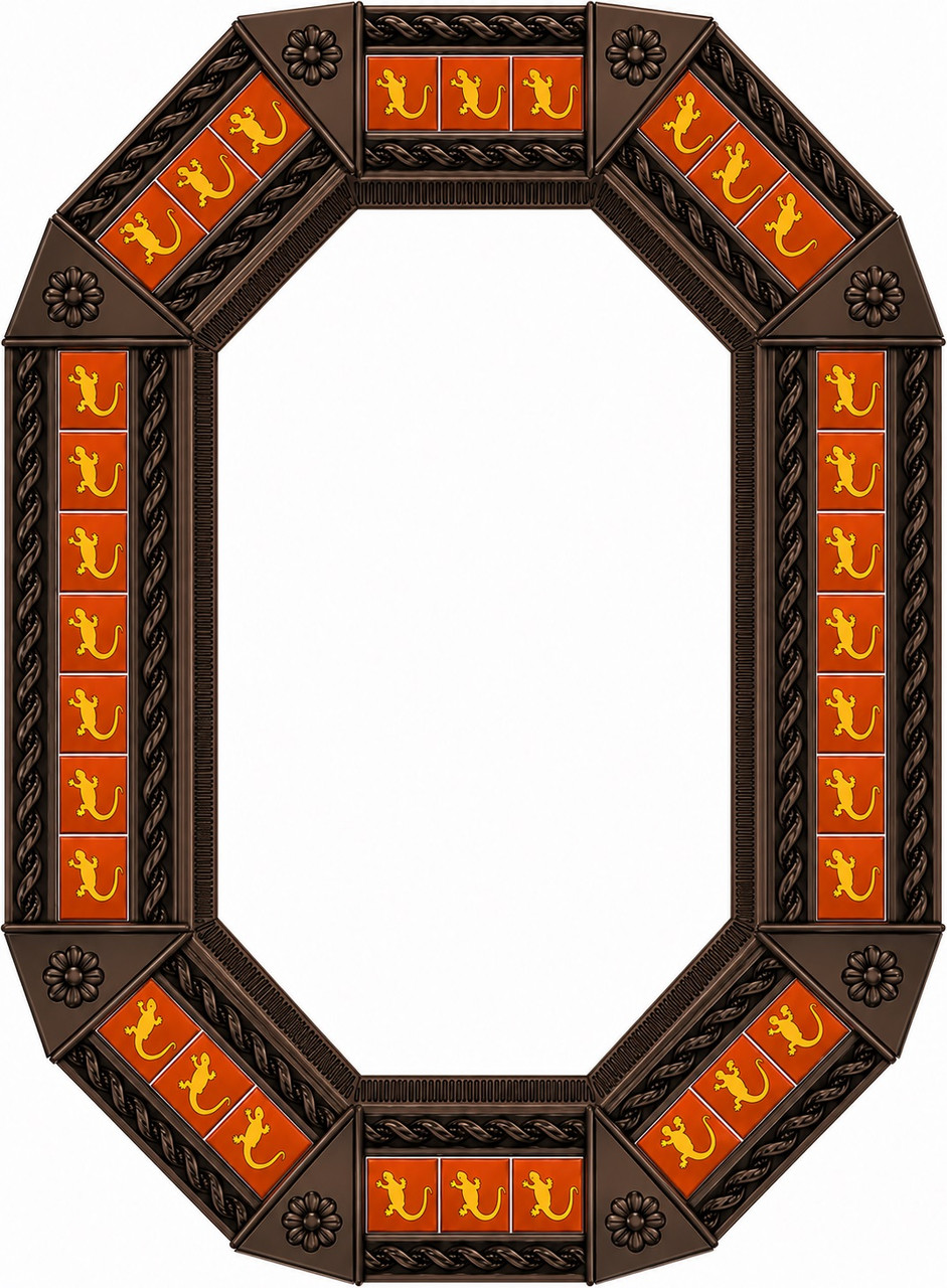 Octagonal decorative dark brown tin mirror orange talavera lizard tiles
