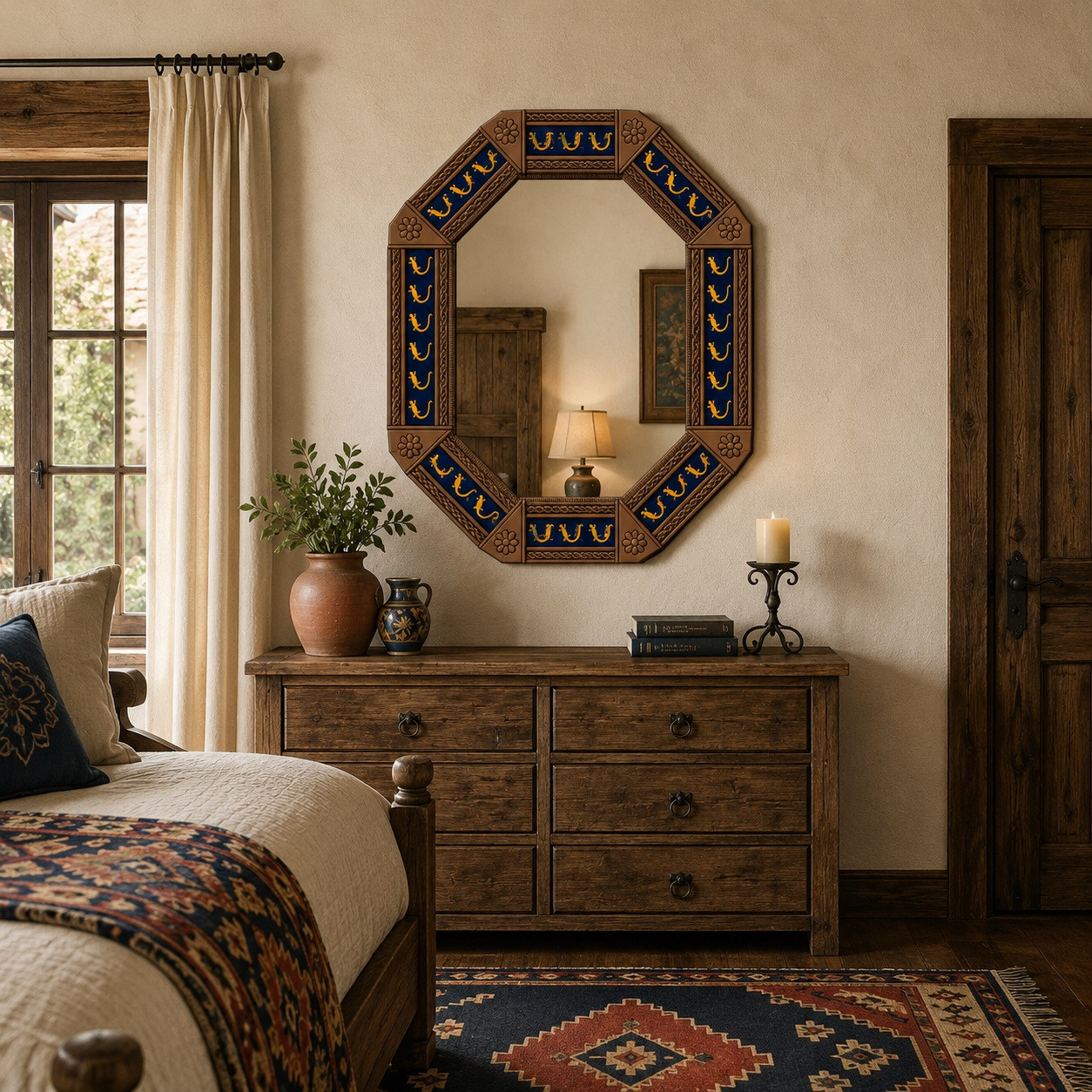 Octagonal decorative lizard talavera tin mirror frame accent in luxury rustic bedroom interior