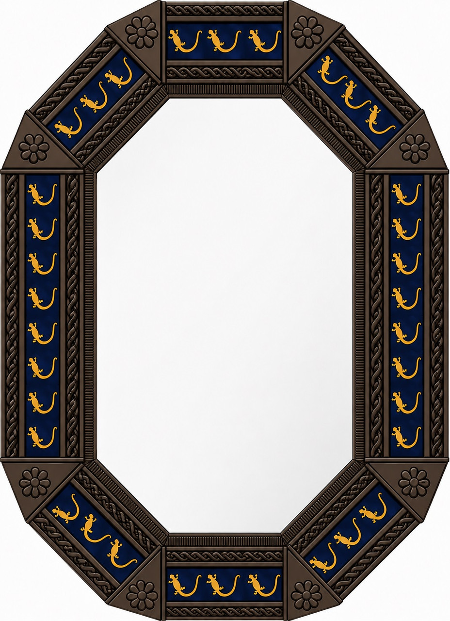 Octagonal decorative lizard talavera tin mirror frame accent dark brown