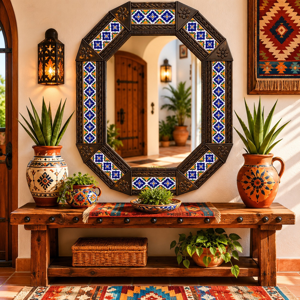 Decorative octagonal talavera tile tin mirror in a Southwestern entryway interior design