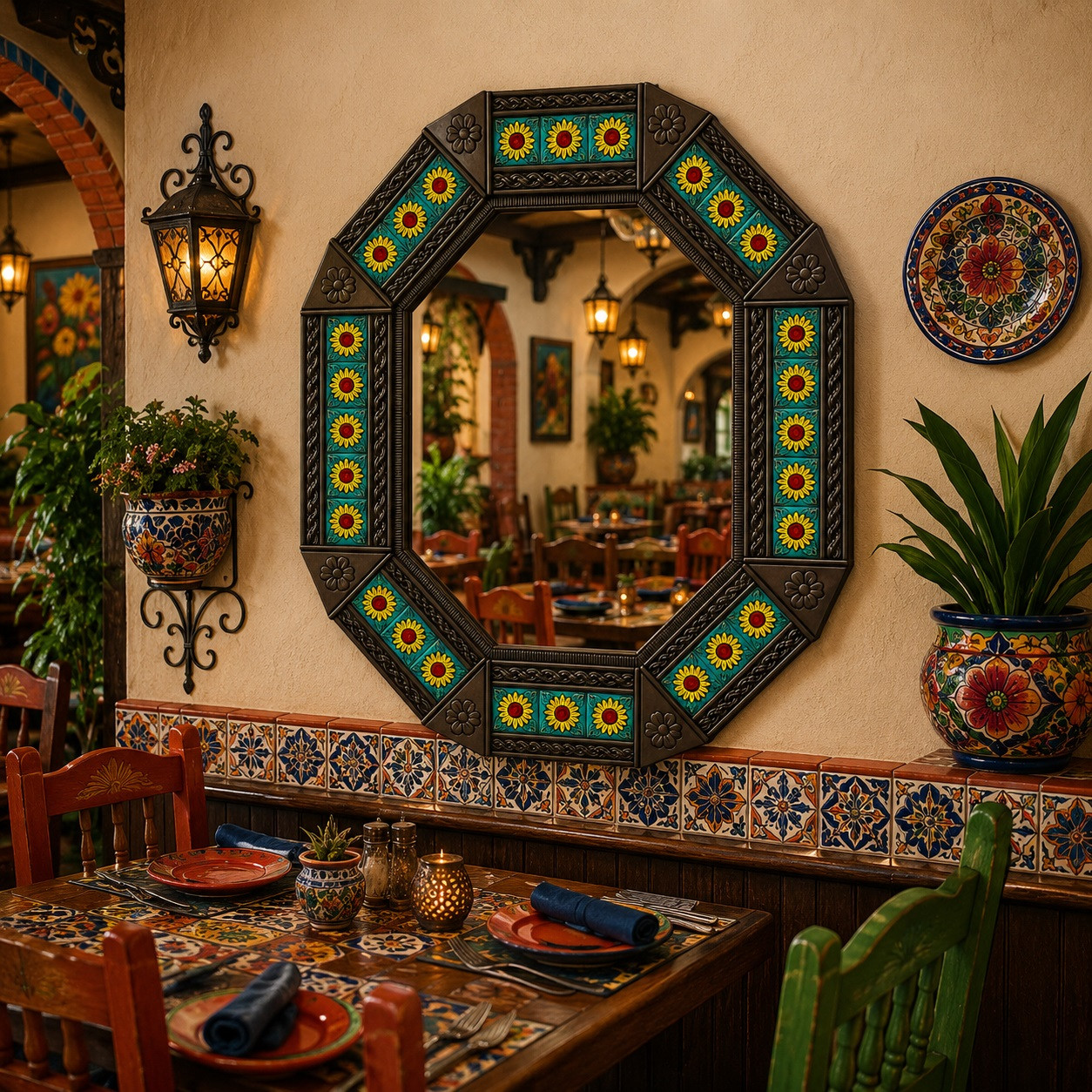 Octagonal decorative dark brown tin mirror with sunflower talavera tiles restaurant