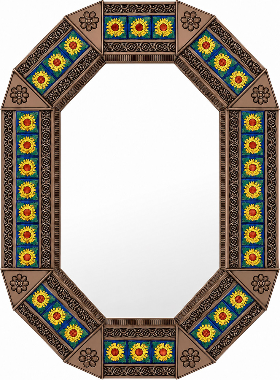 Octagonal copper color tin mirror with sunflower talavera tile frame light brown