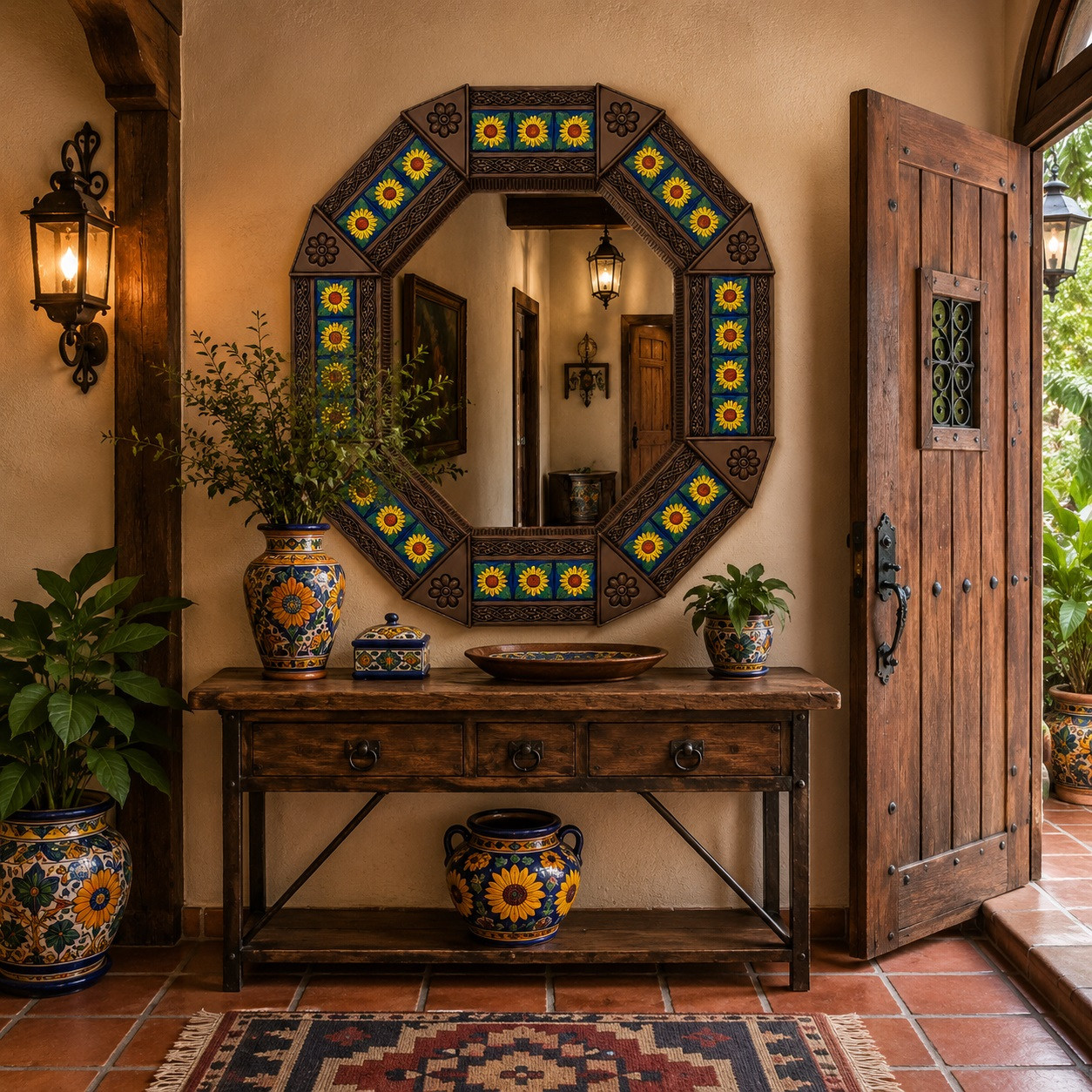 Octagonal Tin Mirror with Sunflower Talavera Tile Frame