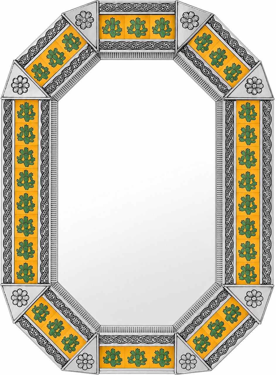 Decorating octagonal tin mirror with cactus talavera tiles