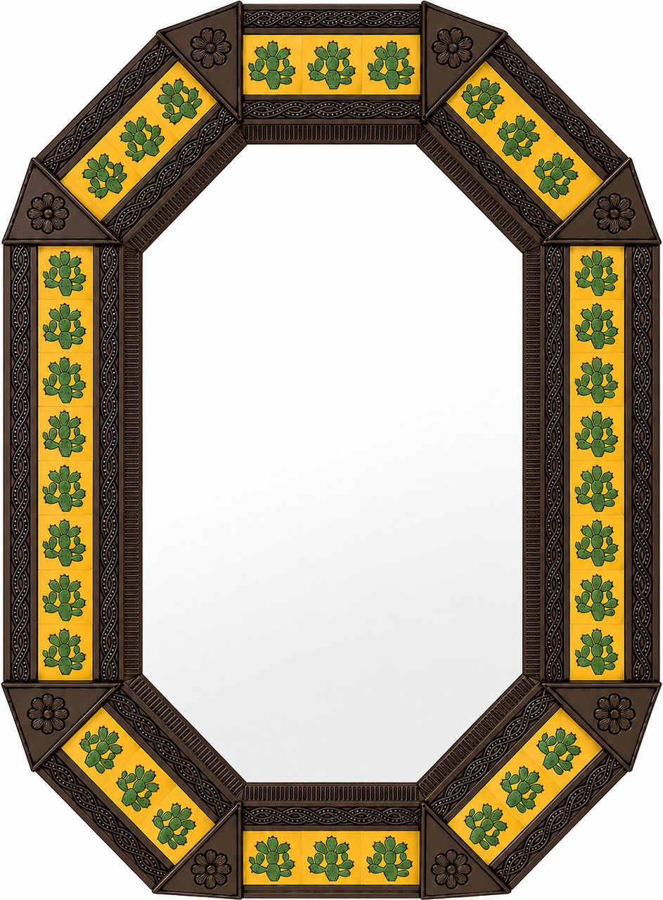 Decorating octagonal tin mirror with cactus talavera tiles dark brown