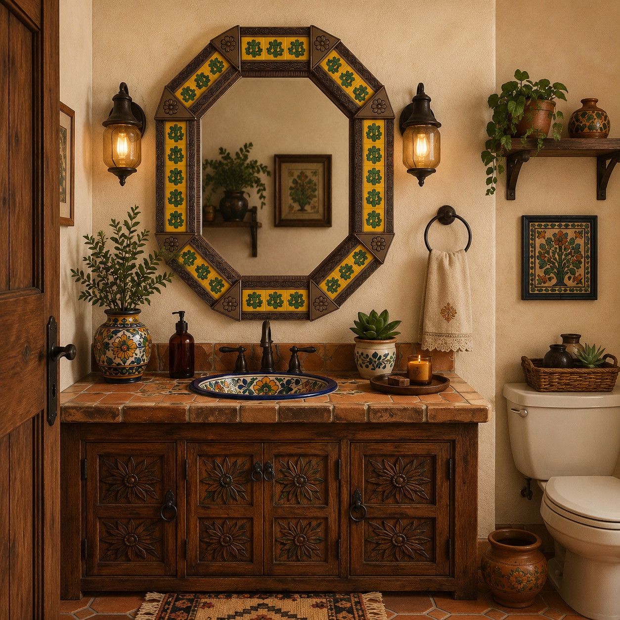 Decorating octagonal tin mirror with cactus talavera tiles in colonial powder room design