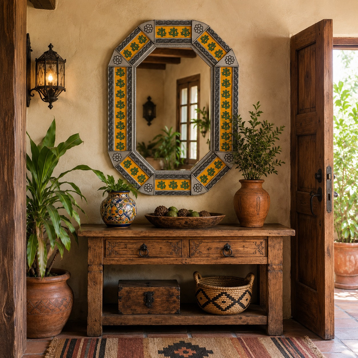 Decorating octagonal tin mirror with cactus talavera tiles in rustic hacienda entryway