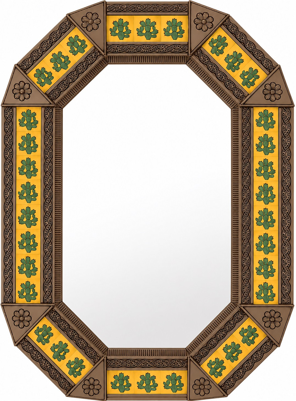 Decorating octagonal tin mirror with cactus talavera tiles light brown