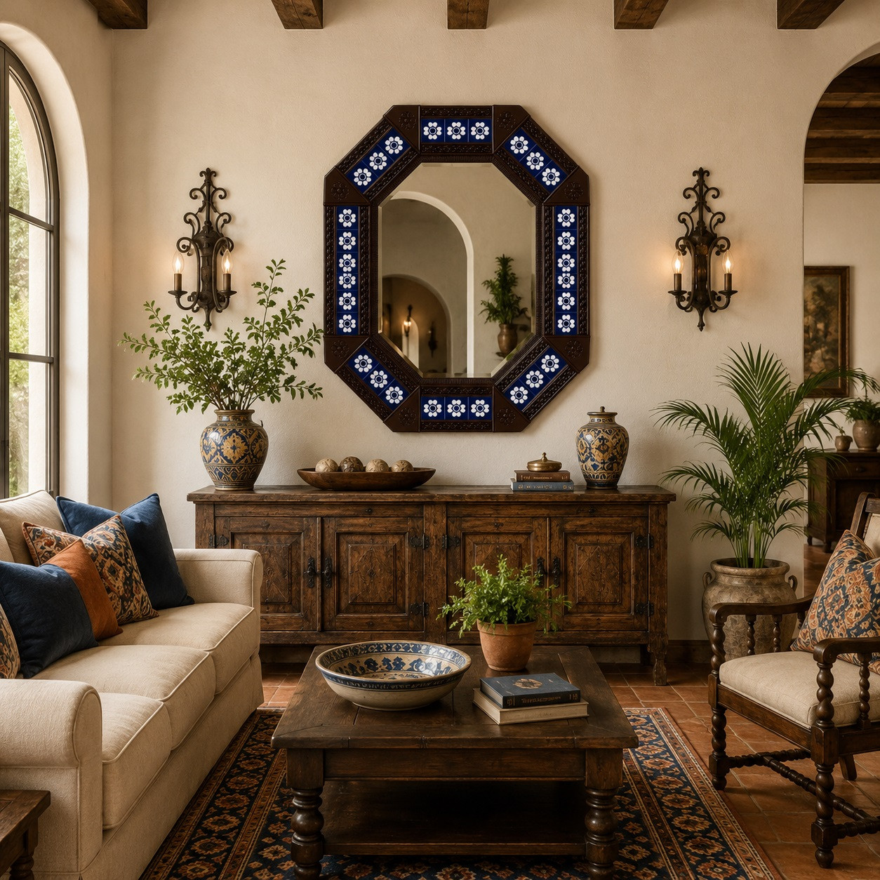 Octagonal decorative tin mirror with blue talavera flower tiles mounted in a Mediterranean living room