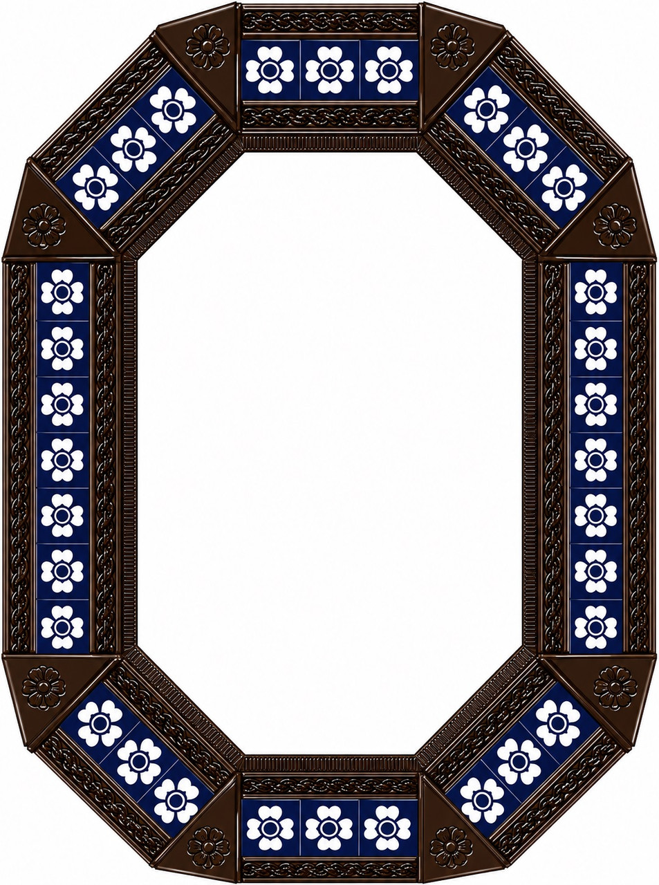 Octagonal decorative tin mirror with blue talavera flower tiles dark brown