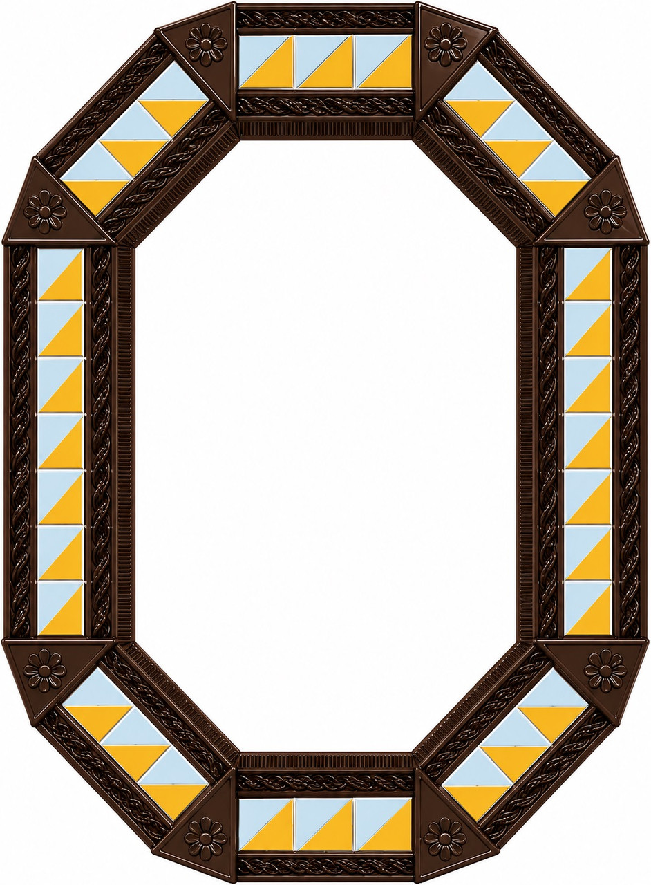 Octagonal decorative tin mirror with yellow blue white  talavera tiles dark brown