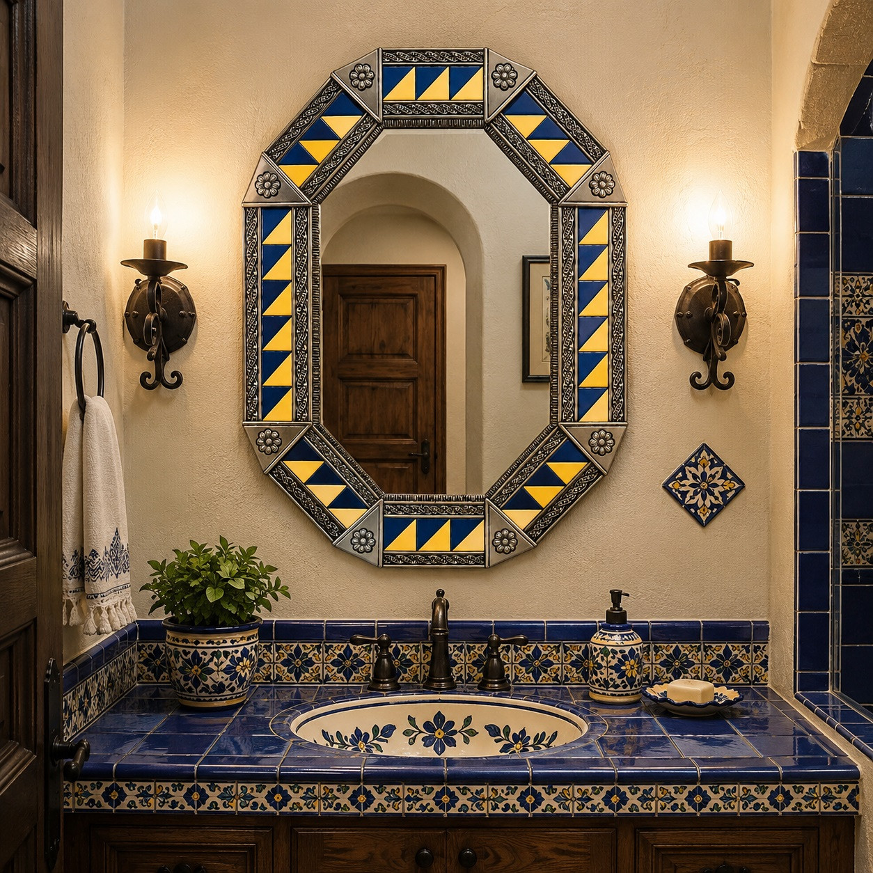 Octagonal decorative tin mirror with blue yellow talavera tiles above Spanish vanity sink