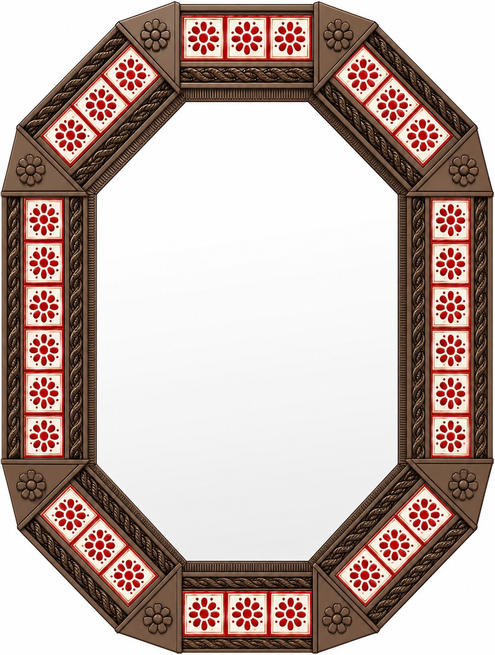 Octagonal decorative tin mirror with red talavera tile pattern light brown