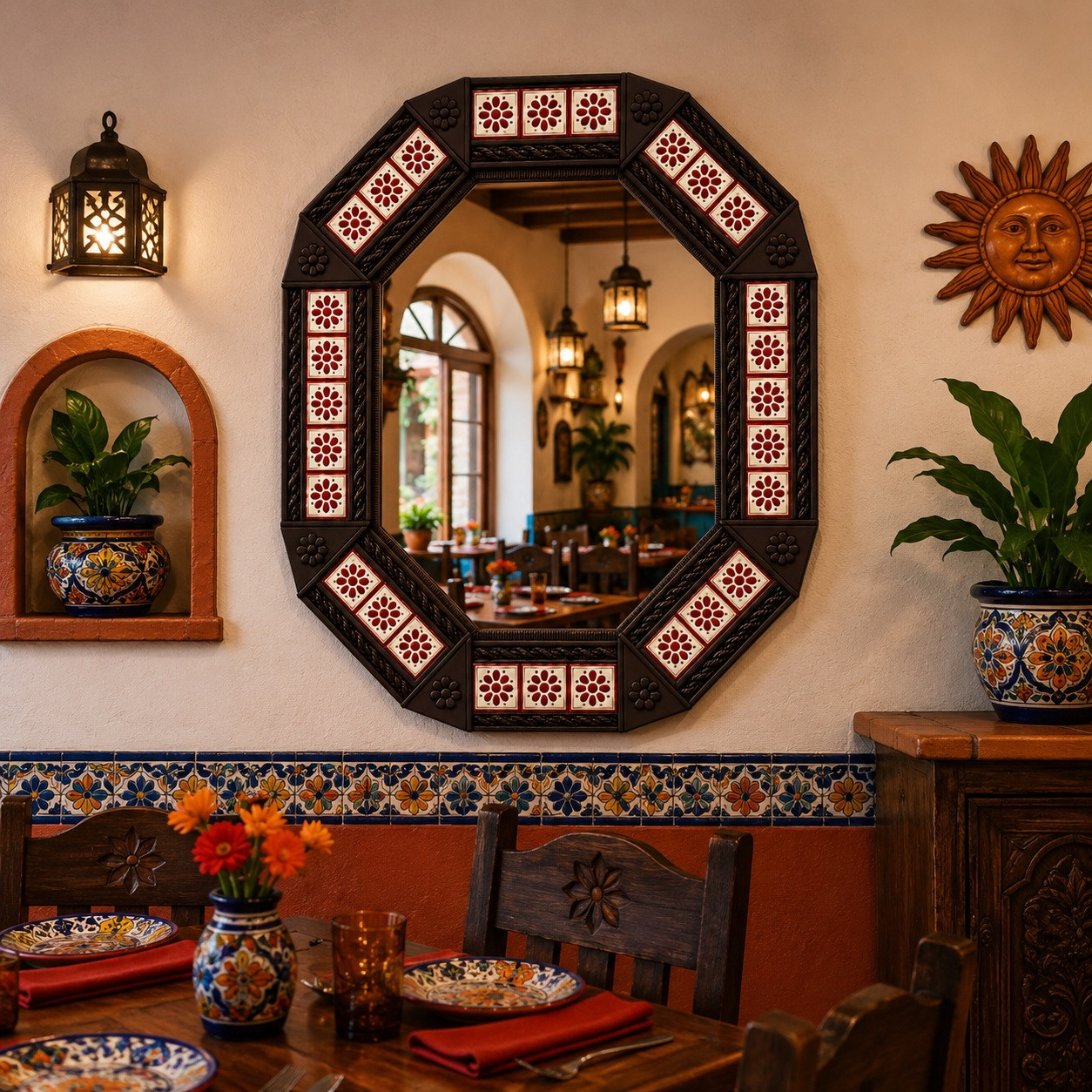 Octagonal decorative tin mirror with artisan red talavera tiles in a Mexican restaurant interior