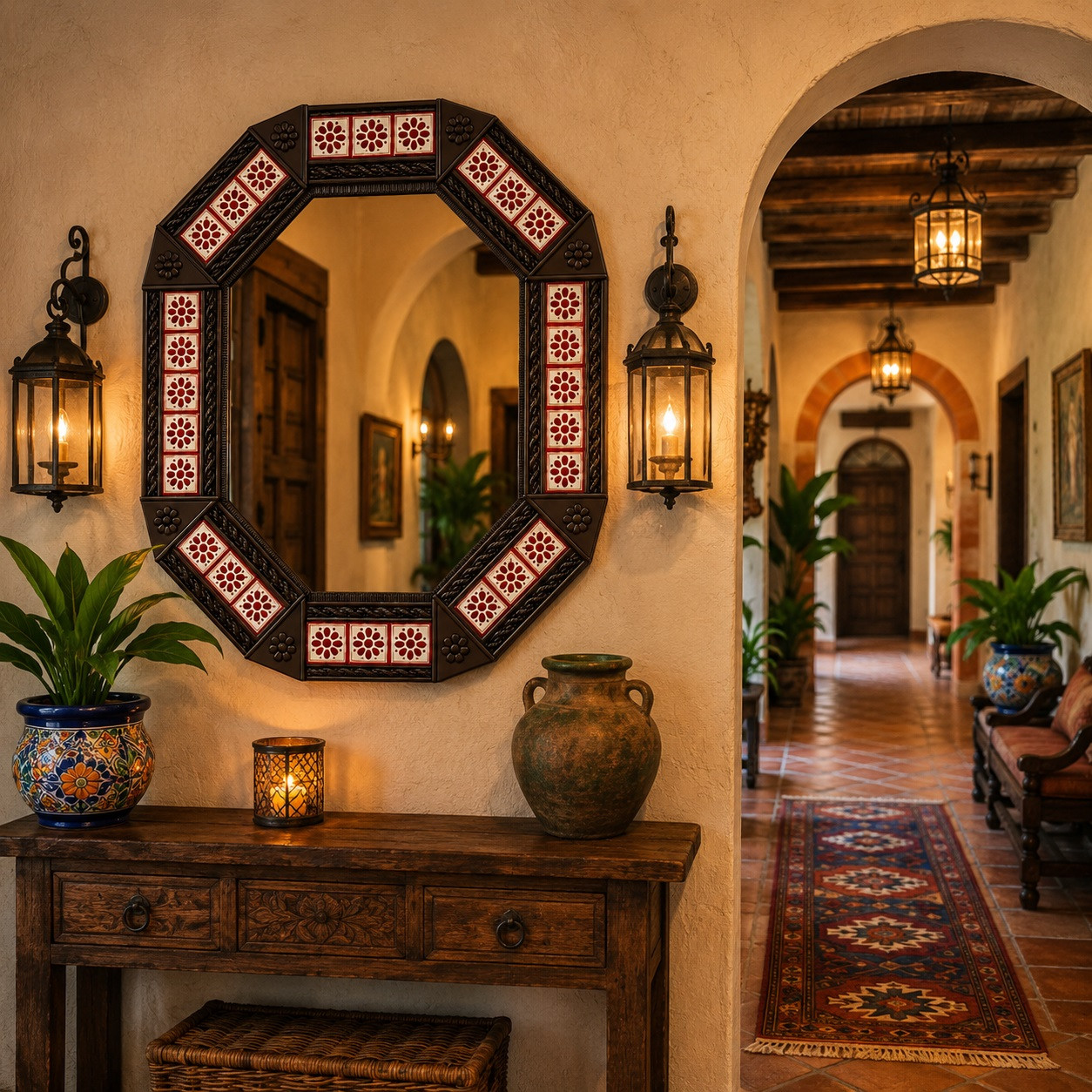 Octagonal decorative tin mirror with floral talavera accents in a rustic hacienda hallway