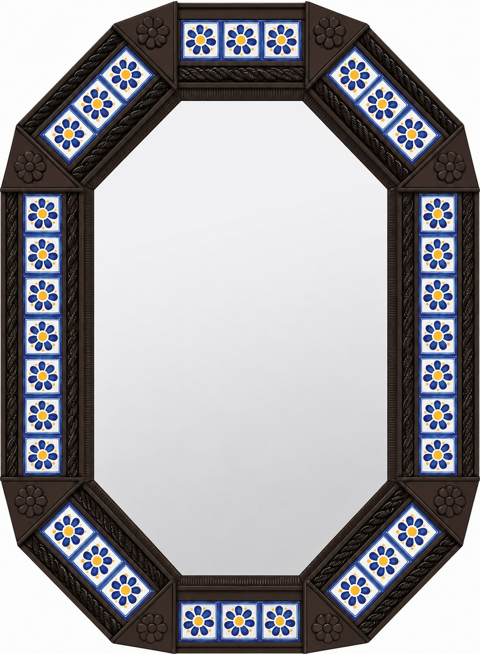 Decorative octagonal hacienda mirror with blue talavera accents dark brown