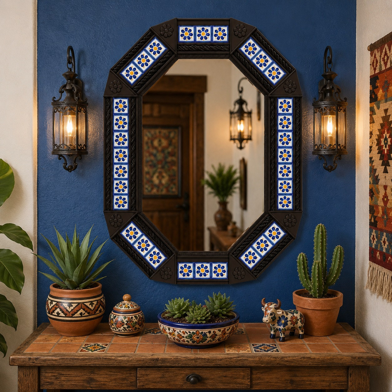 Decorative octagonal hacienda mirror with blue talavera accents on colorful accent wall
