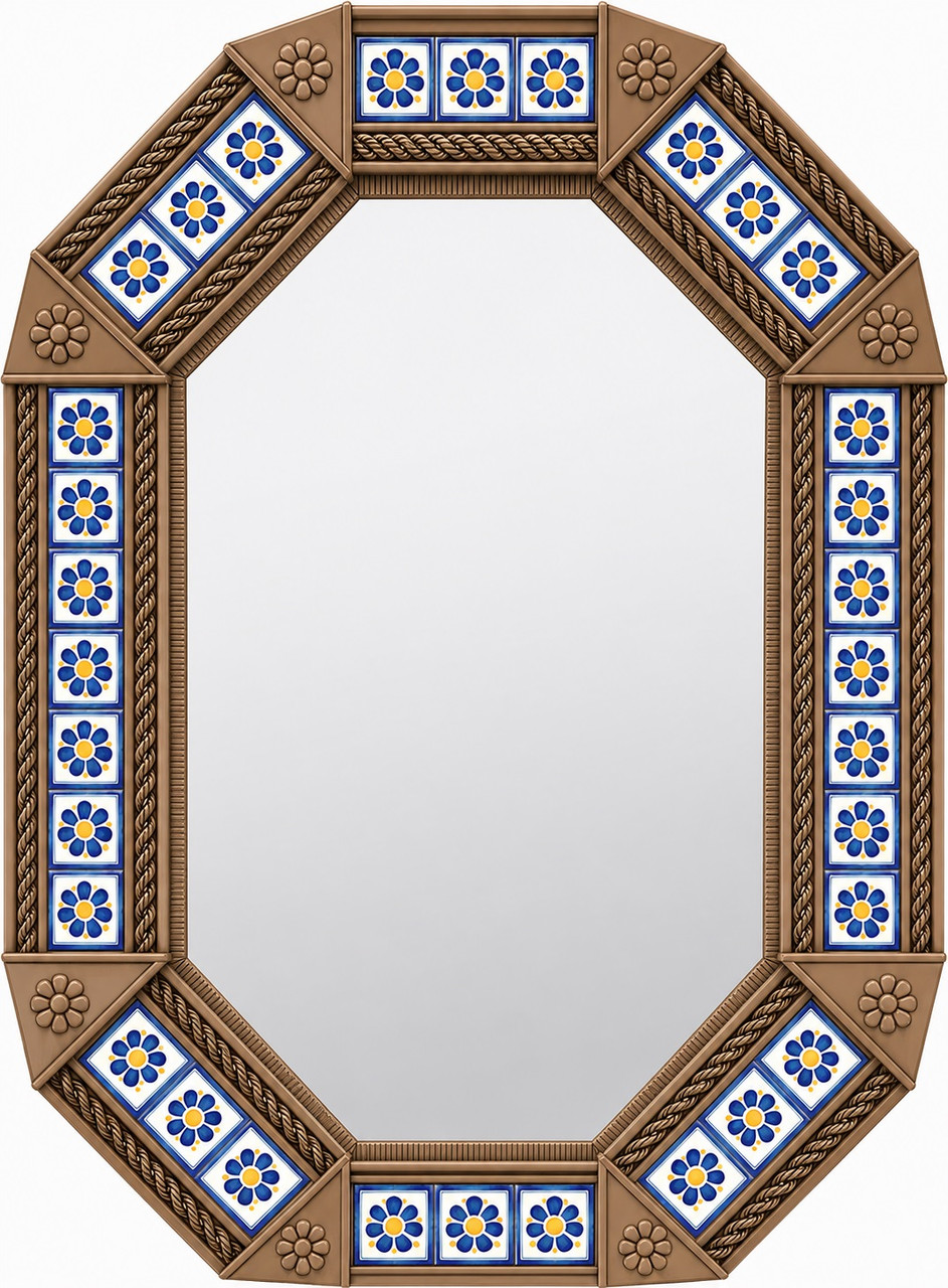 Decorative octagonal hacienda mirror with blue talavera accents light brown