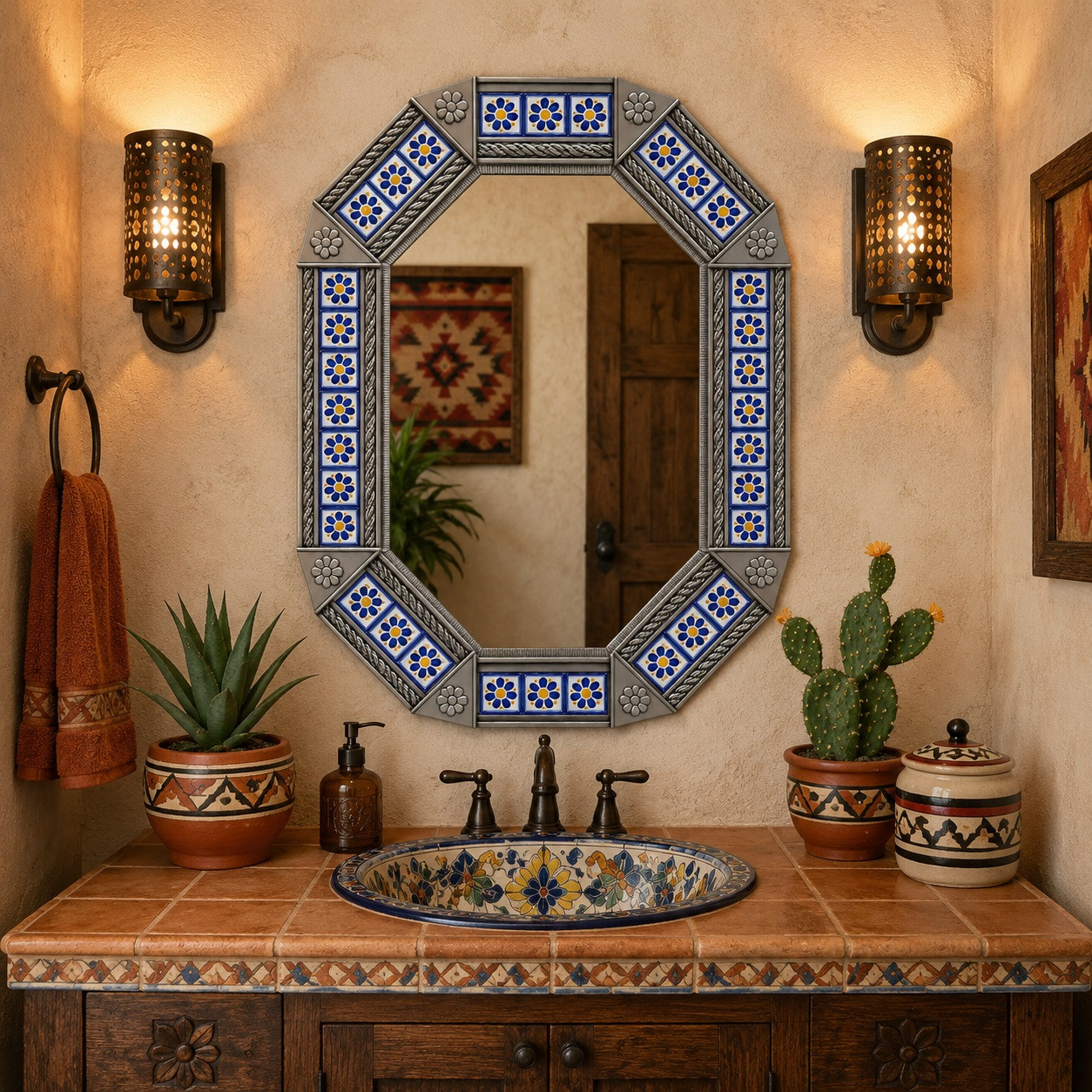 Decorative octagonal hacienda mirror with blue talavera accents in Southwestern powder room