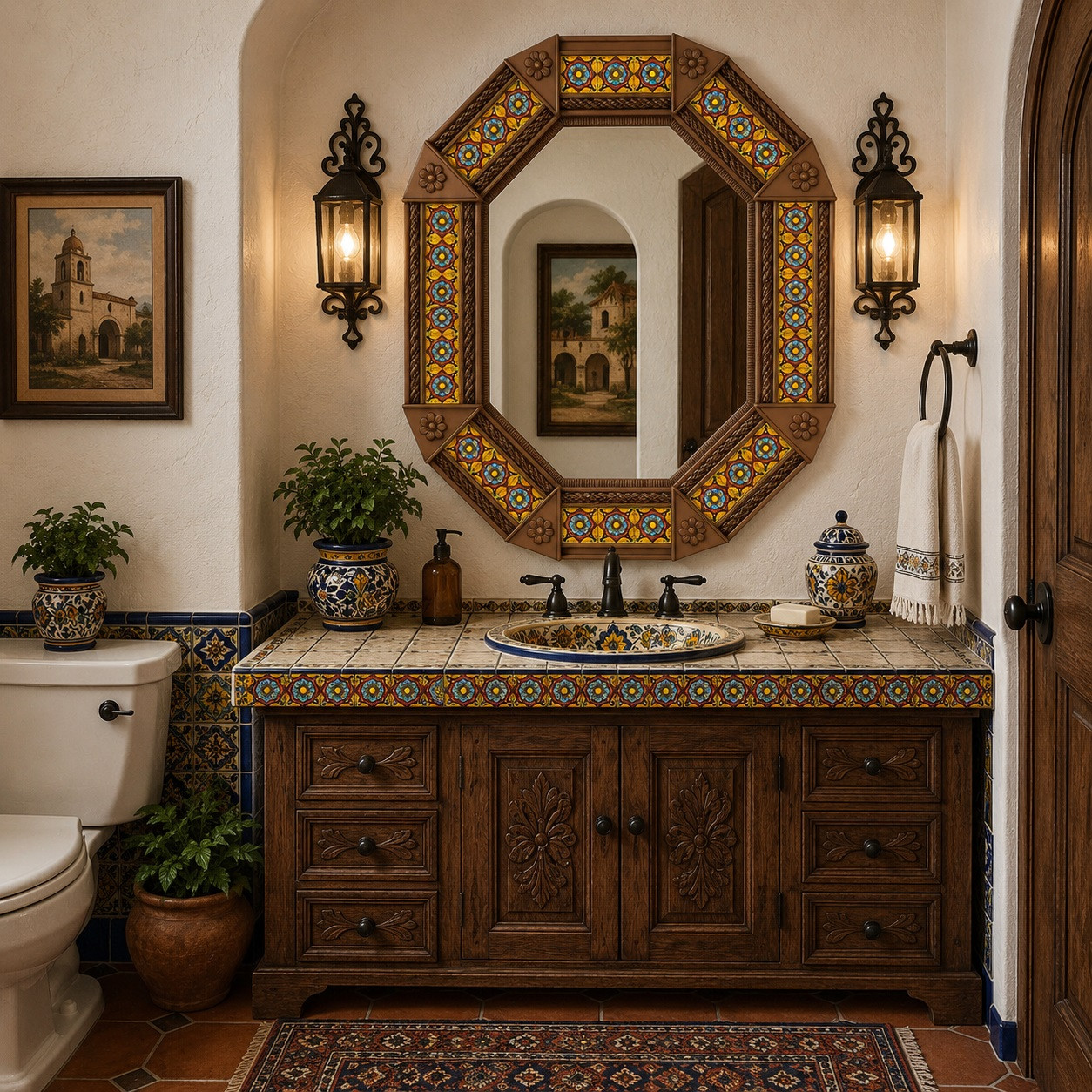 Octagonal decorative talavera tin mirror in a Southwestern powder room design