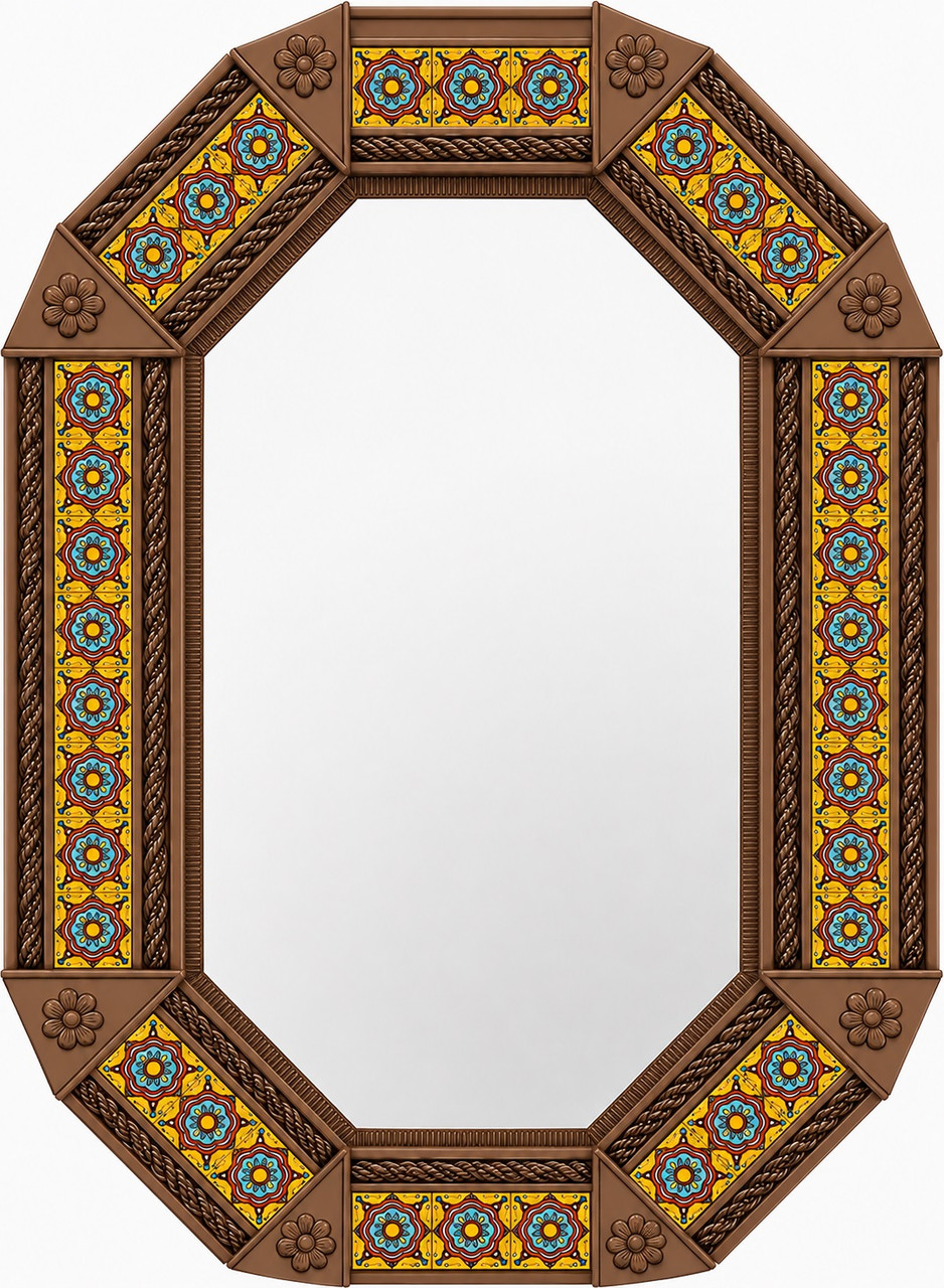 Octagonal decorative cupula floral talavera tin mirror frame light brown