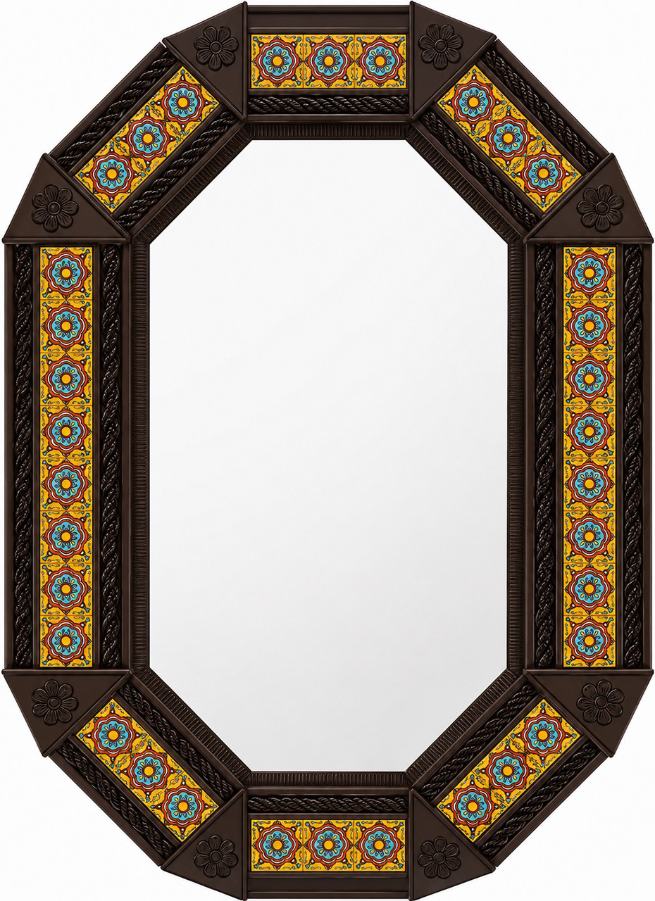 Octagonal decorative cupula floral talavera tin mirror frame dark brown
