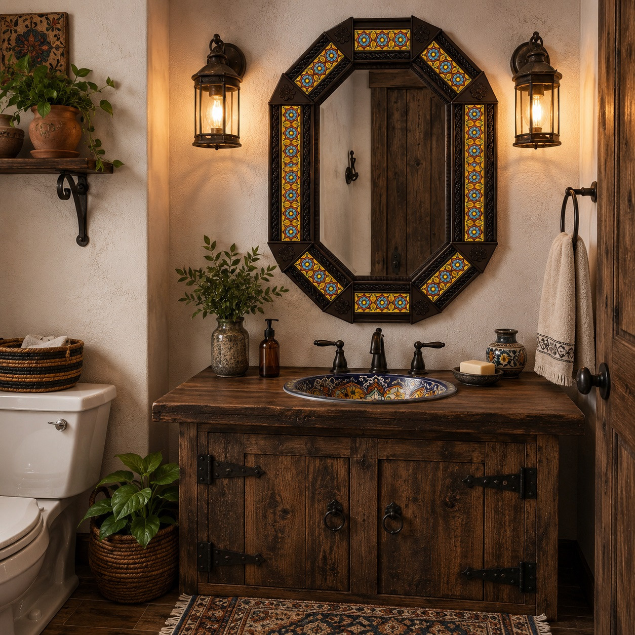 Octagonal decorative cupula talavera mirror in a rustic guest bathroom vanity area